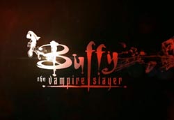 Stylized white and red text reading 'Buffy the Vampire Slayer' against a dark, textured background.