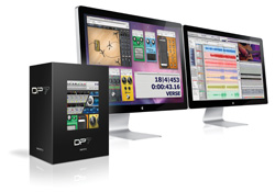 Software box next to two computer monitors displaying digital audio workstation interfaces.