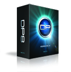 A black software box featuring a glowing blue circular logo with the letters DP and the text DP8.