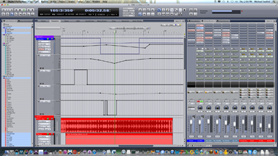 A digital audio workstation software interface showing multiple tracks, waveforms, and mixing controls.