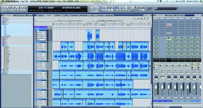 A digital audio workstation software interface showing multiple audio tracks and mixing controls.