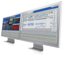 Two computer monitors side-by-side displaying complex digital audio workstation software interfaces.