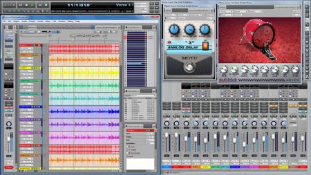 A digital audio workstation interface showing multiple tracks, waveforms, mixing sliders, and plugin windows.