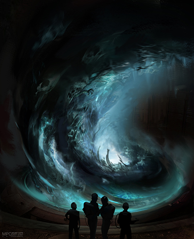 Silhouetted divers look up at a massive, glowing blue underwater vortex in a dark cavern.