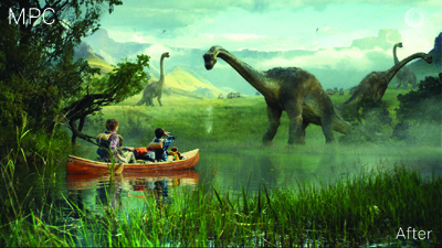 People in a small canoe watch several long-necked dinosaurs in a lush, misty prehistoric valley.