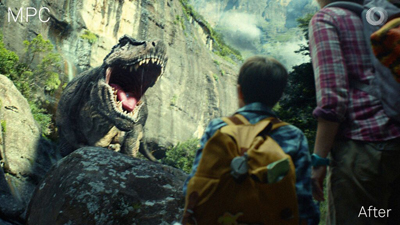 A large, dark dinosaur with an open mouth roars toward a child wearing a yellow backpack in a rocky canyon.