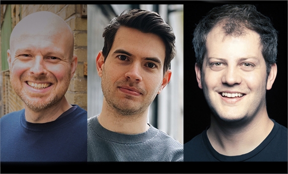 Three headshots of smiling men arranged side-by-side in a vertical triptych.
