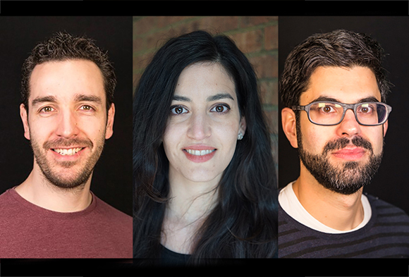Three separate portrait headshots of a man, a woman, and another man against dark and brick backgrounds.