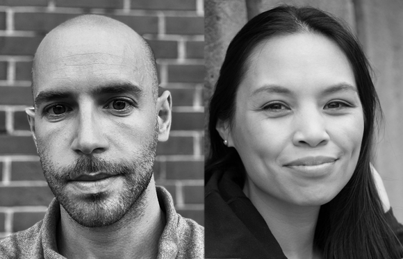 Black and white split portrait of a bald man with facial hair and a smiling woman with long dark hair.