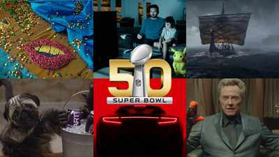 A collage of various commercial scenes surrounding a gold and silver Super Bowl 50 logo.