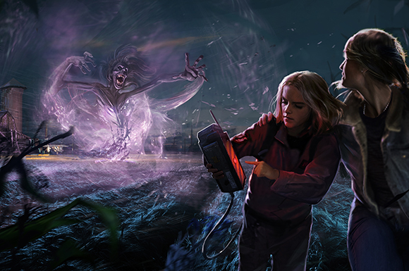 Two women look on in fear as a glowing, translucent purple ghost rises from a field at night.