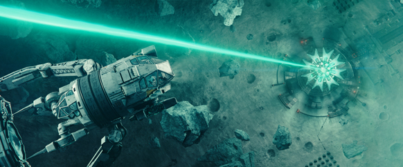 A mechanical spacecraft fires a bright green laser beam toward a glowing circular structure on a cratered surface.