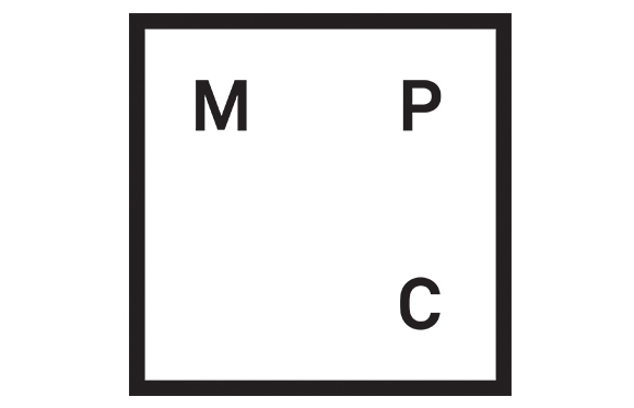 A black square frame containing the capital letters M, P, and C in a sans-serif font.