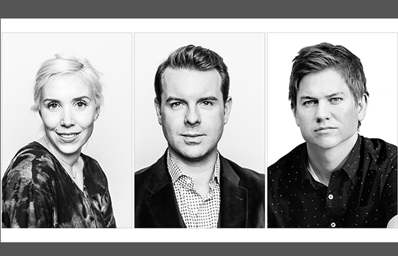 Three separate black and white portrait panels of a woman and two men against a light background.