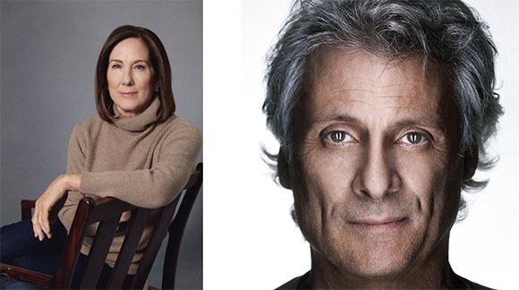 Split portrait of a woman in a tan turtleneck and a close-up of a man with salt-and-pepper hair.