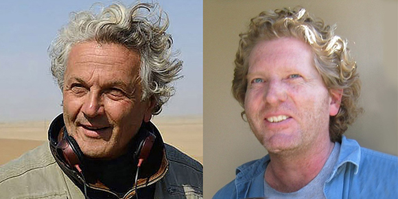 Two portraits of men: one older with wavy grey hair in a desert, one younger with curly blonde hair.