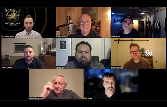 Eight men appear in a video call grid, each in their own individual frame.