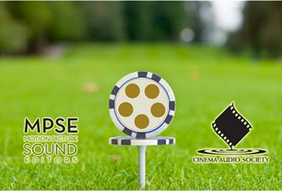 A white poker chip with gold circles sits on a golf tee in a green field next to two logos.