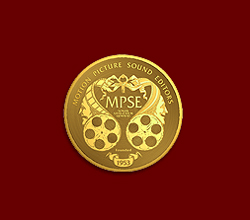A gold circular medallion featuring the MPSE logo, film reels, and two profiles on a dark red background.