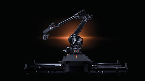 A black robotic arm with a camera attached, mounted on a sliding track against a black background.