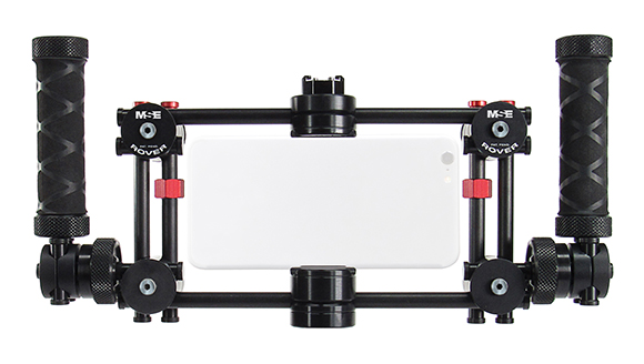 A black smartphone stabilizer rig with two textured handles and a central mounting frame.