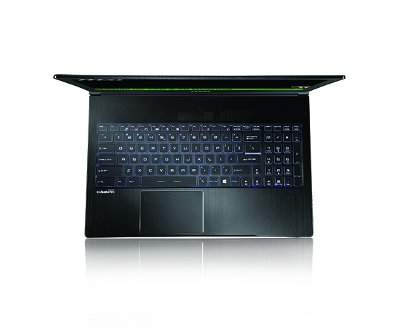 A black laptop with a keyboard featuring blue backlighting, set against a white background.