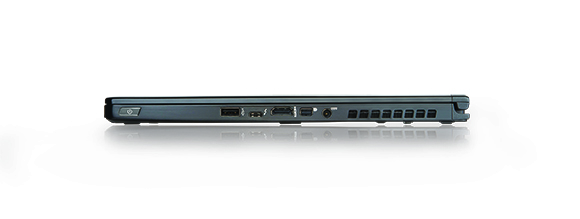 Side profile of a dark grey laptop showing various connection ports and vents against a white background.