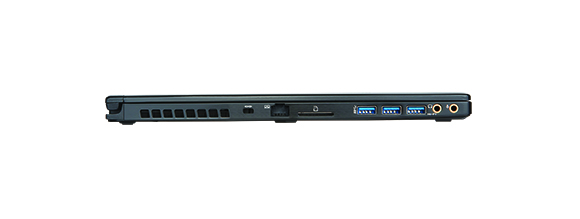 Side profile of a dark grey laptop showing various ports and vents.
