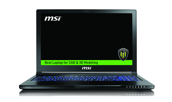An open MSI laptop with a blue backlit keyboard and text on the screen reading 'Best Laptop for CAD & 3D Modeling'.