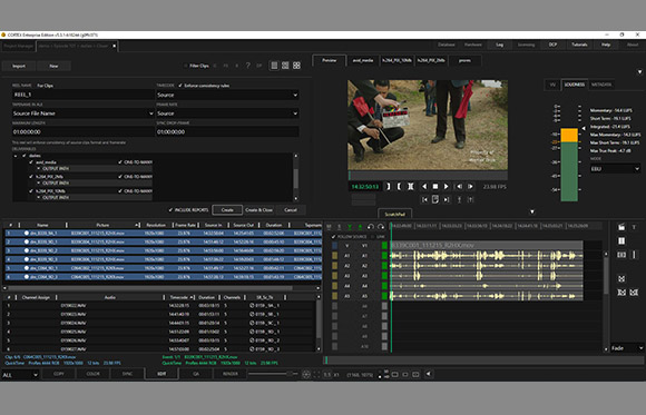 A dark-themed video editing software interface showing a video preview, timeline, and media bin.