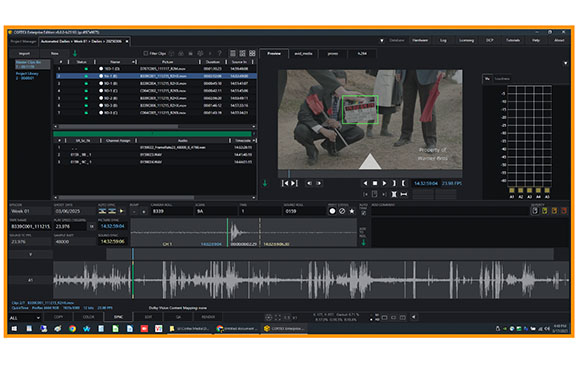 A dark-themed video editing software interface showing a timeline, media bin, and a video preview window.