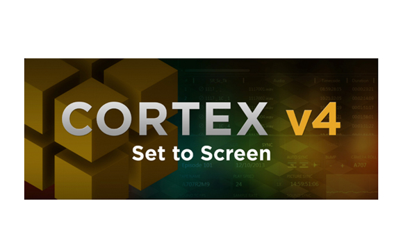 Graphic with large silver CORTEX text, gold v4, and white Set to Screen text over brown cubes and technical data.