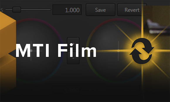 MTI Film text logo next to a circular refresh icon over a dark color grading software interface.