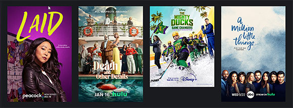 Four colorful posters for TV shows Laid, Death and Other Details, The Mighty Ducks, and A Million Little Things.