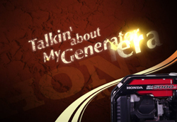 Text reading 'Talkin' about My Generator' over a textured brown background with a Honda generator in the corner.