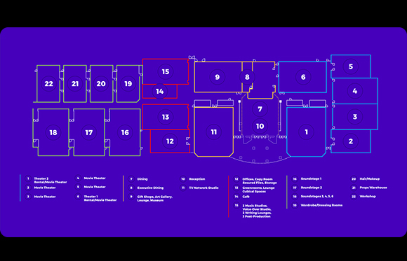 A purple floor plan diagram showing numbered rooms and a legend for facility locations.