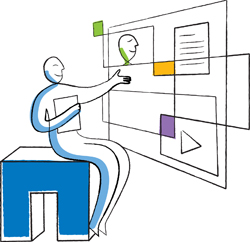 Line drawing of a person sitting and gesturing toward a floating digital interface with various icons.