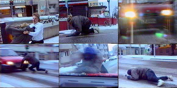 Six blurry frames showing a person falling on a snowy street near a moving red car.