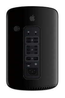 Rear view of a black Mac Pro computer tower showing various ports and an Apple logo.