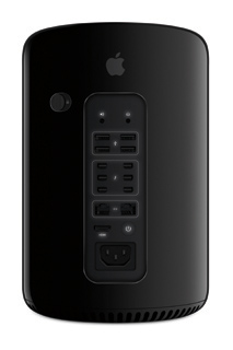 Rear view of a black Apple Mac Pro showing various ports and an Apple logo.