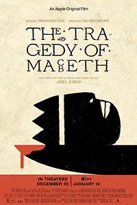 Poster for The Tragedy of Macbeth featuring a black silhouette of a profile against a cream background.