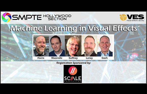 Graphic for Machine Learning in Visual Effects featuring five headshots and SMPTE and VES logos.