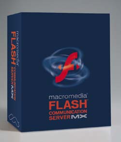 A dark blue software box for Macromedia Flash Communication Server MX with a red stylized F logo.