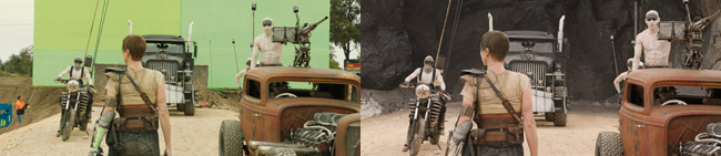 Split view showing a film set with a green screen on the left and a dark, rocky landscape on the right.