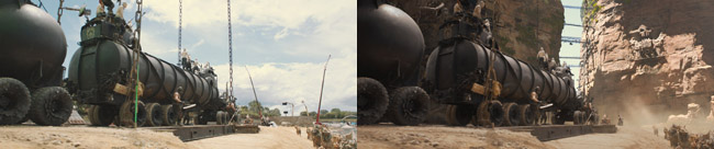 Two side-by-side frames showing a large black tank vehicle on a set next to a cliffside.