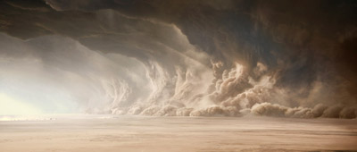 A giant wall of dust and sand clouds rolling across a vast, flat desert under a dark sky.