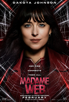 Dakota Johnson looks forward in a movie poster for Madame Web.