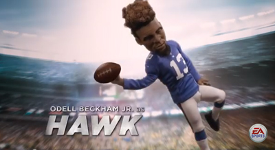 A caricature of a football player in a blue jersey holding a football in a large stadium.