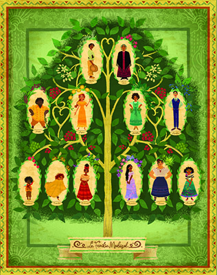 An illustration of a family tree with various people depicted in oval frames among green leaves and fruit.