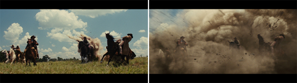 Riders on horseback galloping through a field under a cloudy sky and through a massive cloud of dust.
